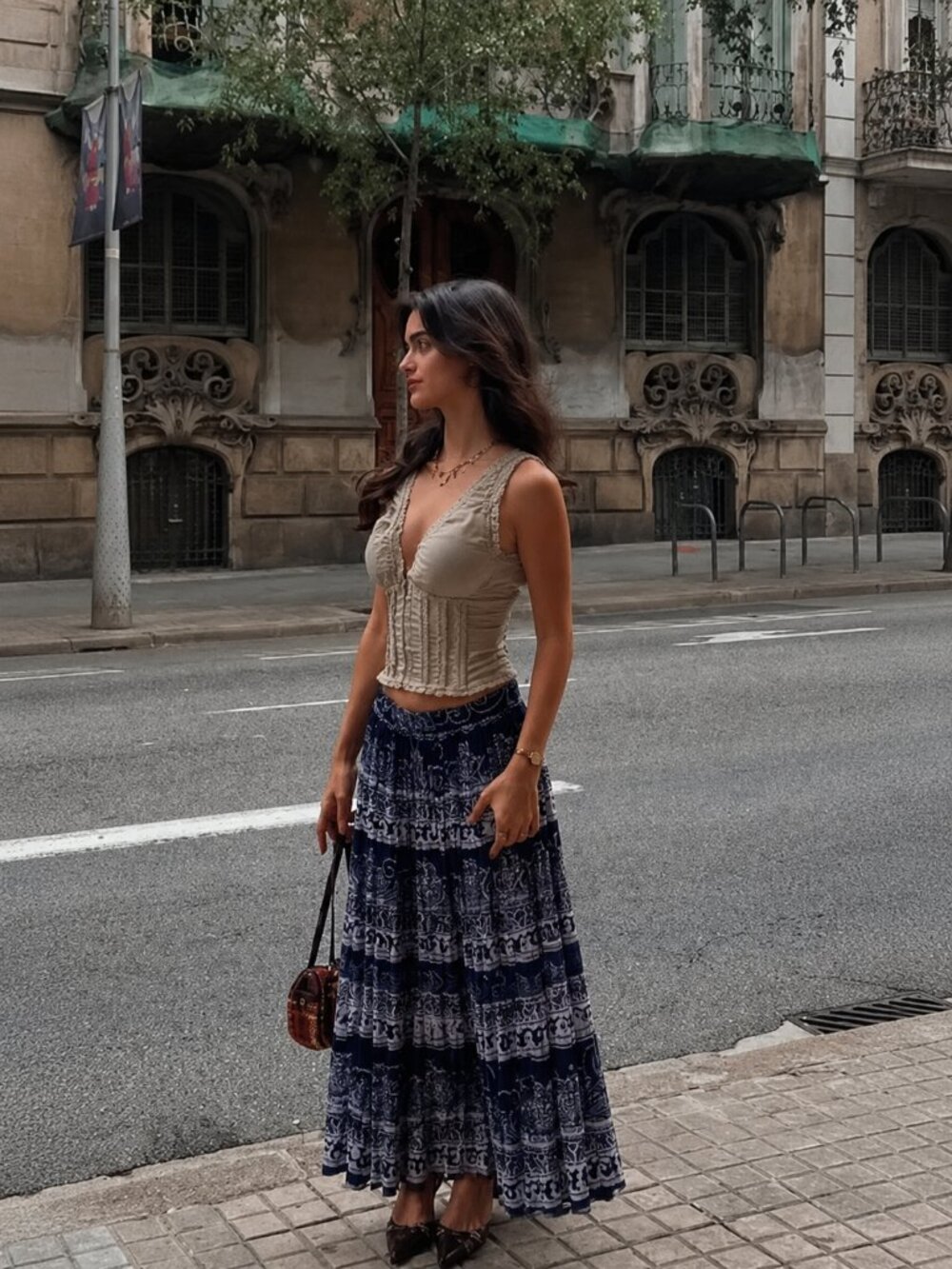 Vintage Navy Tiered Skirt Indian Ethnic Pleated Midi Maxi Size S M L
